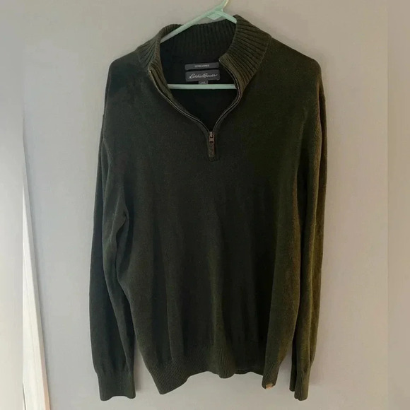 Eddie Bauer Quarter Zip 1/4 Green Cotton Cashmere Large L - Picture 1 of 8